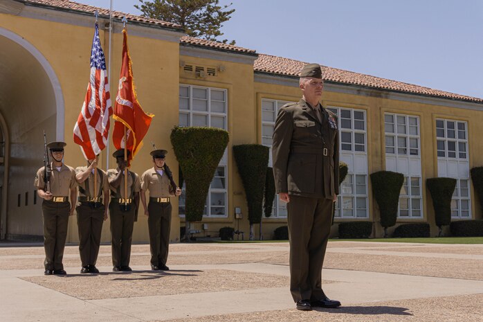 U.S. Marine Corps Col. William Brown, the assistant chief of staff of recruiting Marine Corps Recruit Depot San Diego and the Western Recruiting Region, stands at attention during his retirement ceremony at MCRD San Diego, California, June 21, 2024. Brown has faithfully served in the Marine Corps for more than 25 years in many positions such as; Air Delivery Platoon Commander during Operation IRAQI FREEDOM, Marine Aide-de-camp to the Chief of Naval Operations, and the Assistant chief of Staff, Recruiting, Western Recruiting Region where he was responsible for the management of the Marine Corps’ recruiting mission throughout the western-half of the United States. (U.S. Marine Corps photo by Lance Cpl. Alexandra M. Earl)