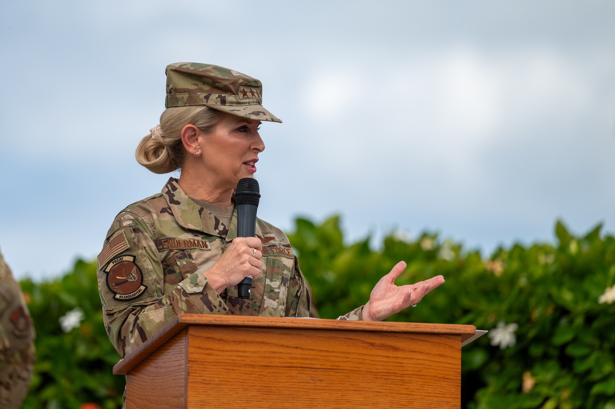 Lt. Gen. Laura Lenderman, Pacific Air Forces deputy commander, thanked Col. James McFarland for his service and welcomed incoming commander, Col. Julie Sposito Salceies, during the 613th Air Operations Center Change of Command Ceremony on Joint Base Pearl Harbor-Hickam, Hawaii, June 26, 2024. The 613th Air Operations Center provides command and control of air and space operations in the U.S. Indo-Pacific Command area of responsibility. (U.S. Air Force photo by Senior Airman Mark Sulaica)