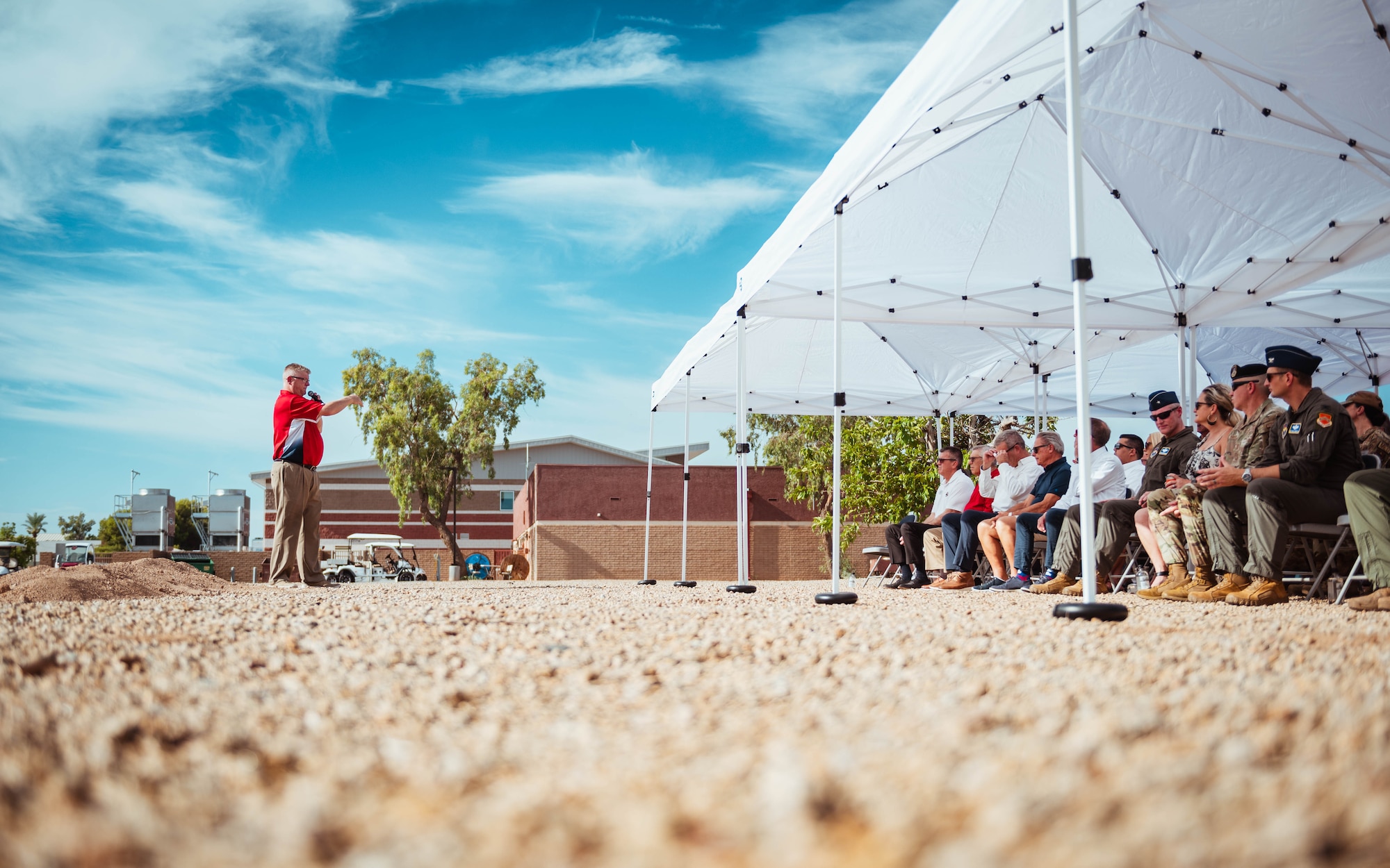 Ron Sites, Fighter Country Foundation president and executive director, speaks during the groundbreaking ceremony for a new Honor Guard facility.