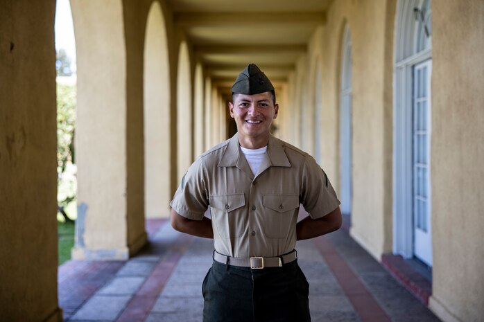 U.S. Marine Corps Pvt. Cristian Martinezescobar, a native of El Salvador and recruited from Fonana, Calif. with Echo Company, 2nd Recruit Training Battalion, poses for a photo after a naturalization ceremony at Marine Corps Recruit Depot, San Diego, June 27, 2024. The naturalization ceremony took place during family day to recognize Marines who became United States citizens by completing Basic Training. (U.S. Marine Corps photo by Sgt. Yvonna Guyette)