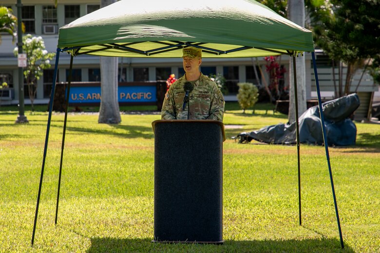 Lt. Gen. James B. Jarrard, Deputy Commanding General for U.S. Army Pacific, provides comments during a ceremony to present the prestigious Army Safety and Occupational Health Star Award to the Honolulu District, U.S. Army Corps of Engineers on Fort Shafter June 28, 2024. Honolulu District is the first district within the Pacific Ocean Division, and fourth organization in the Army, to achieve this recognition from the Assistant Secretary of the Army.