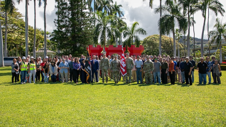 A group photo to celebrate the Honolulu District, U.S. Army Corps of Engineers receiving the prestigious Army Safety and Occupational Health Star Award on Fort Shafter June 28, 2024. Honolulu District is the first district within the Pacific Ocean Division, and fourth organization in the Army, to achieve this recognition from the Assistant Secretary of the Army.