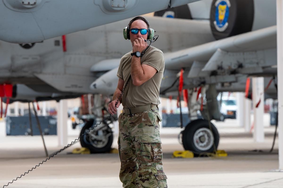 U.S. Air Force Senior Airman Jacob Branson, 354th Fighter Generation Squadron dedicated crew chief, performs pre-flight checks on an A-10C Thunderbolt II aircraft at Davis-Monthan Air Force Base, Ariz., June 21, 2024. Pre-flight inspections ensure that the aircraft meets standards before any flight. (U.S. Air Force photo by Senior Airman Vaughn Weber)
