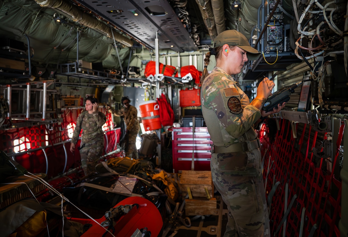 Members of the 347th Rescue Group from Moody Air Force Base, Georgia, conduct pre-flight procedures in a HC-130J Combat King II at Patrick Space Force Base, Florida, June 1, 2024. The team from Moody supported the Atlas V rocket Orbital Crew Flight Test mission, which launched two astronauts from Space Launch Complex 41 on Cape Canaveral Space Force Station, Florida. This was the first time since 1968 astronauts were launched from CCSFS and the first time ever from a Space Force installation. (U.S. Space Force photo by Airman 1st Class Spencer Contreras)