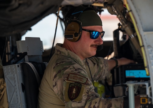 A member of the 347th Rescue Group from Moody Air Force Base, Georgia, conducts pre-flight operations in a HH-60W at Patrick Space Force Base, Florida, June 1, 2024. The team from Moody supported the Atlas V rocket Orbital Crew Flight Test mission, which launched two astronauts from Space Launch Complex 41 on Cape Canaveral Space Force Station, Florida. This was the first time since 1968 astronauts were launched from CCSFS and the first time ever from a Space Force installation. (U.S. Space Force photo by Airman 1st Class Spencer Contreras)