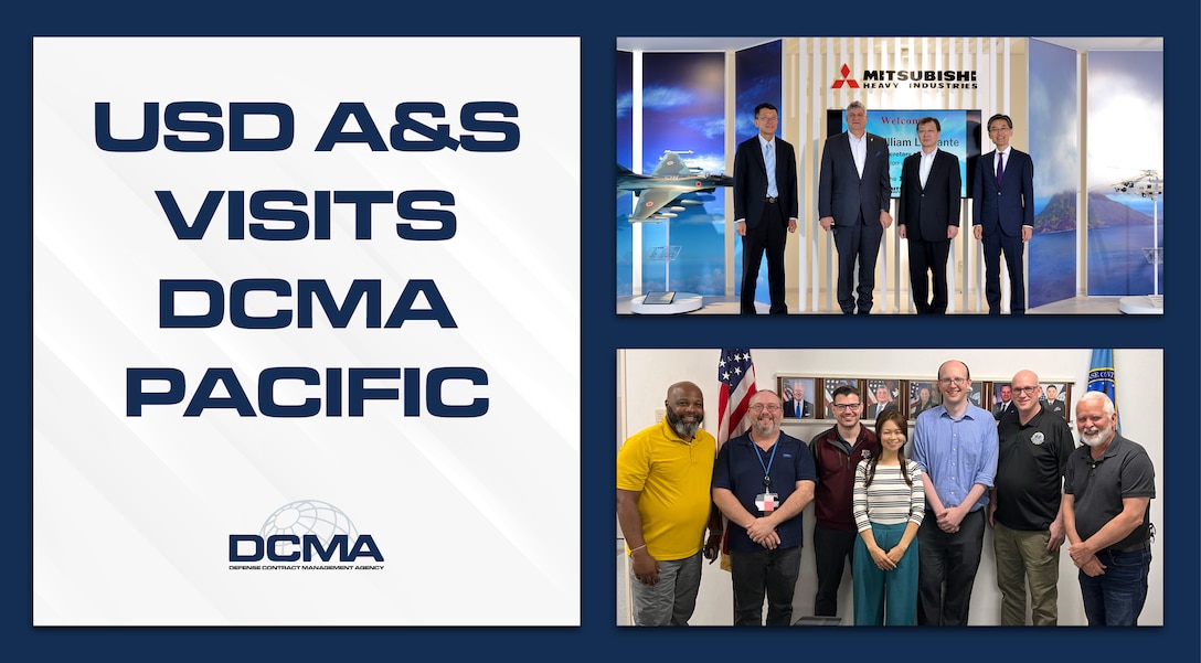 Graphic reads USD A&S visits DCMA Pacific with a collage of two group photos.