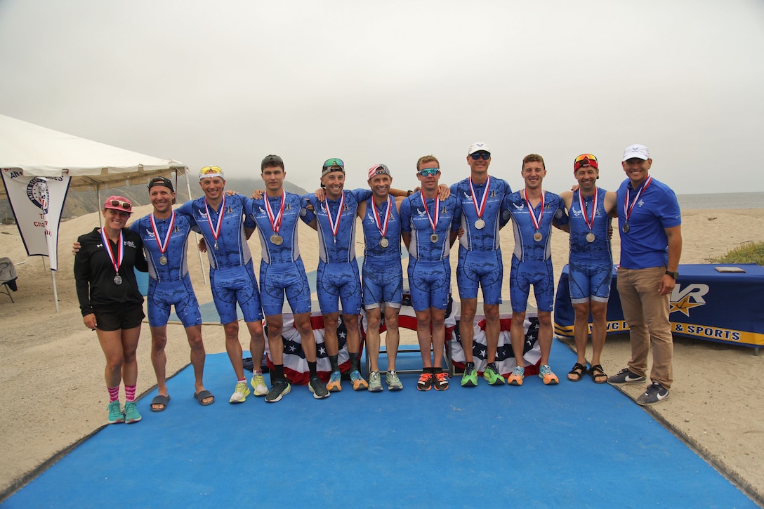 Air Force men take silver during the 2024 Armed Forces Triathlon Championships was held at Naval Base Ventura County, Calif., June 26-30. Service members from Army, Marine Corps, Navy (with Coast Guard) and Air Force (with Space Force) battled alongside the Canadian forces for gold. (U.S. Army photo by Master Sgt. Sharilyn Wells/USACAPOC(A) PAO)