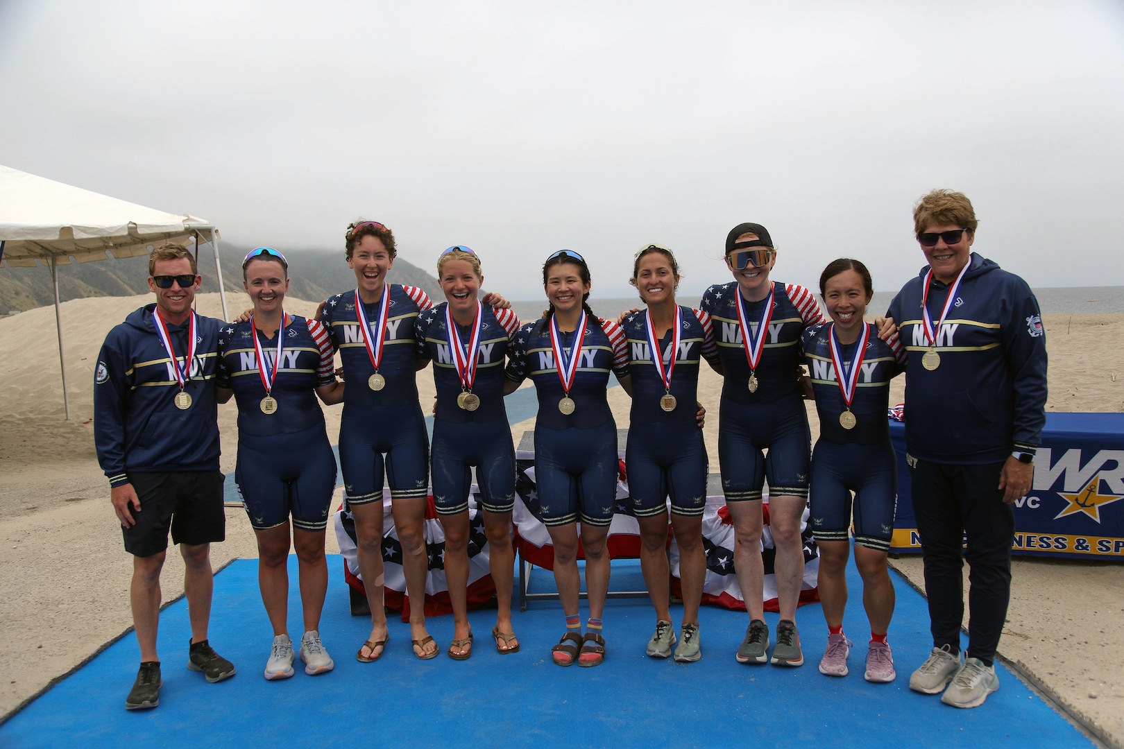 Navy Women win gold during the 2024 Armed Forces Triathlon Championships was held at Naval Base Ventura County, Calif., June 26-30. Service members from Army, Marine Corps, Navy (with Coast Guard) and Air Force (with Space Force) battled alongside the Canadian forces for gold. (U.S. Army photo by Master Sgt. Sharilyn Wells/USACAPOC(A) PAO)