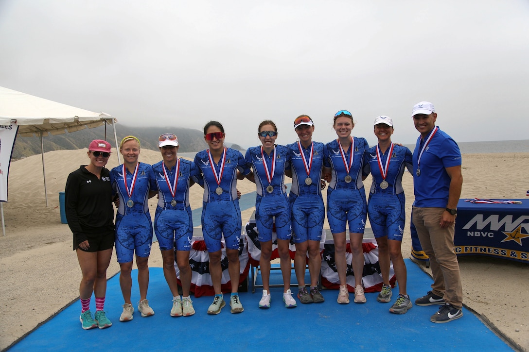 Air Force Women take silver in the 2024 Armed Forces Triathlon Championships was held at Naval Base Ventura County, Calif., June 26-30. Service members from Army, Marine Corps, Navy (with Coast Guard) and Air Force (with Space Force) battled alongside the Canadian forces for gold. (U.S. Army photo by Master Sgt. Sharilyn Wells/USACAPOC(A) PAO)