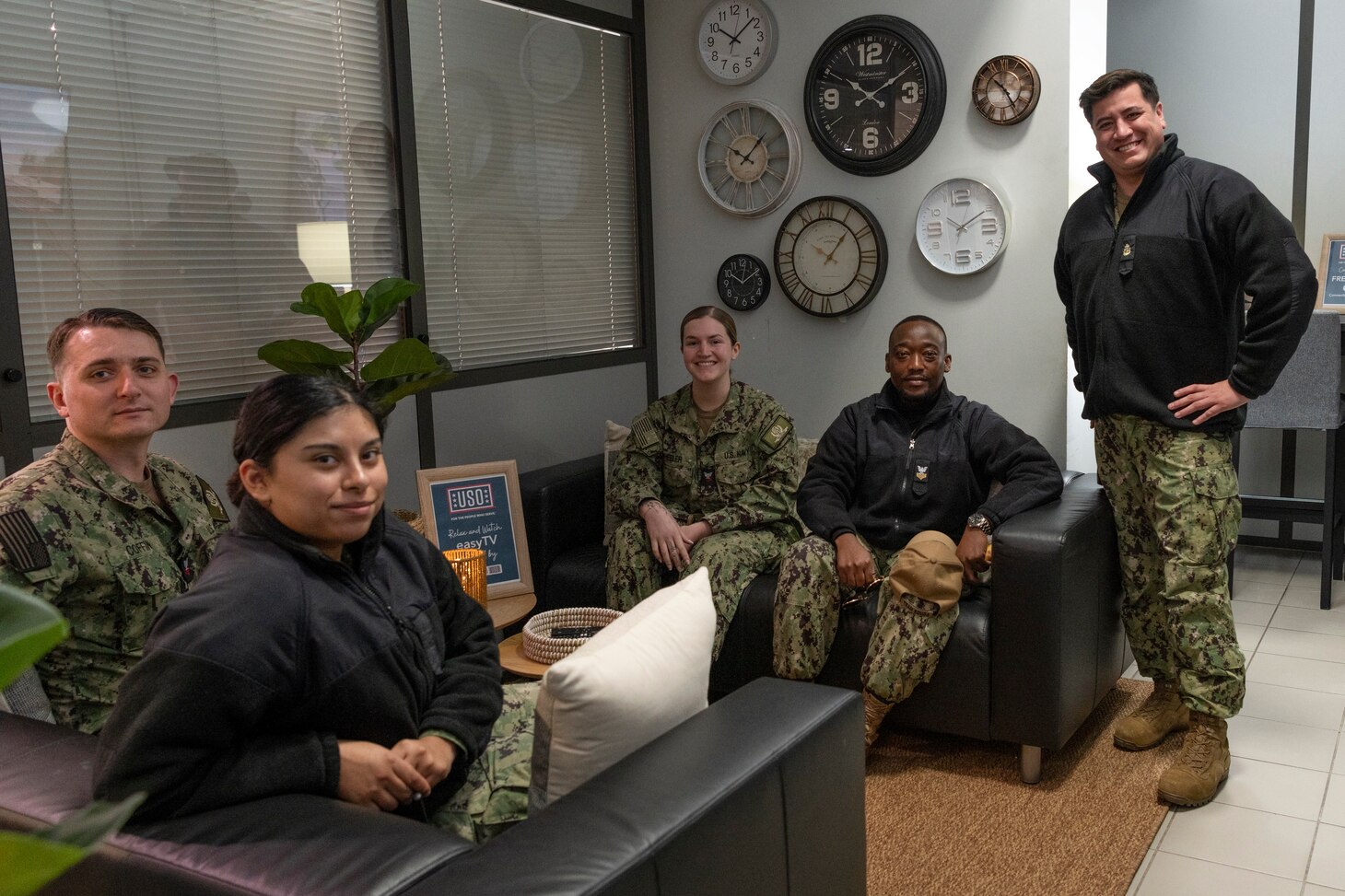 Sailors assigned to Naval Support Activity Souda Bay enjoy the NSA Souda Bay United Service Organizations (USO) Center in the NSA Souda Bay Air Terminal during its grand opening on Feb. 29, 2024.