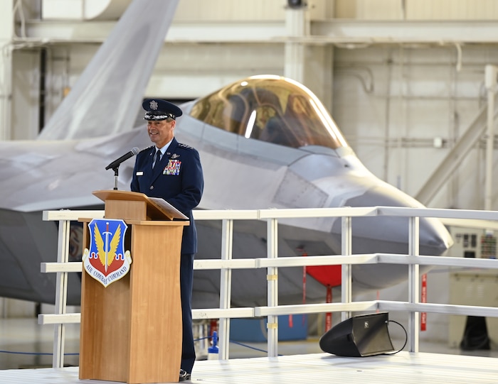 Gen. Ken Wilsbach, the new commander of Air Combat Command, gives incoming remarks