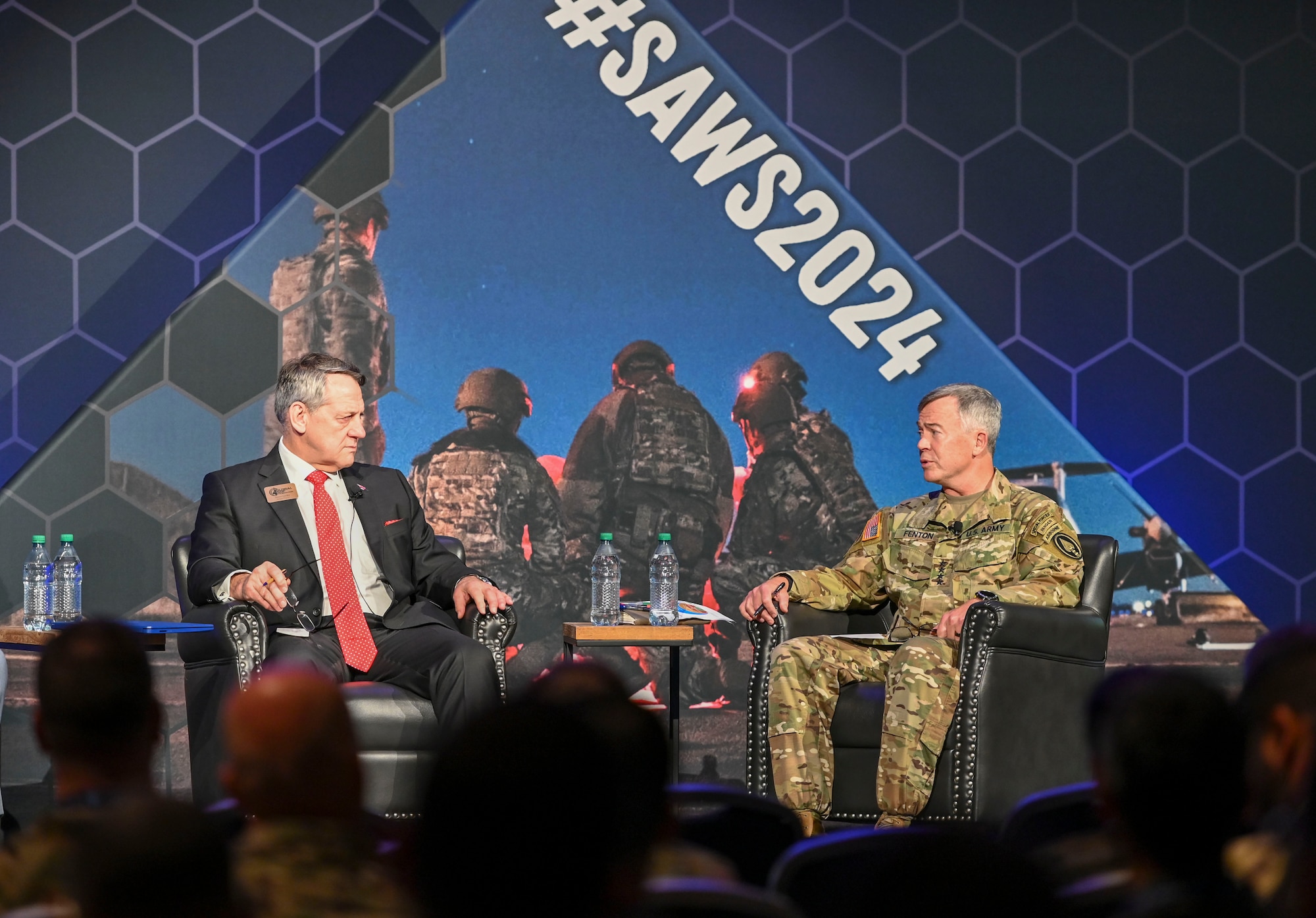 U.S. Army Gen. Bryan P. Fenton, commander, U.S. Special Operations Command participated in a panel during the Special Air Warfare Symposium in Fort Walton Beach, Florida, Feb 28, 2024. SAWS is an annual symposium focused on special air warfare, SOF aviation mission sets, their partners, and enabling technologies.  The symposium included expert SOF panels that ranged from senior U.S. military and government leadership to industry experts across the enterprise. (U.S. Air Force photo by Staff Sgt. Caleb Pavao)