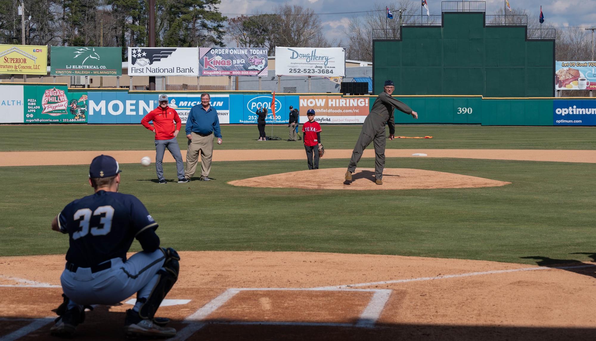 Col. Steven Bofferding, 4th Fighter Wing vice commander, throws the first pitch during the 14th Annual Freedom Classic baseball series at Grainger Stadium in Kinston, North Carolina, Feb. 24, 2024. The first pitch is a long-standing tradition of baseball, in which a guest of honor throws a ball to mark the end of pregame festivities and the start of the game. (U.S. Air Force photo by Airman 1st Class Rebecca Sirimarco-Lang)