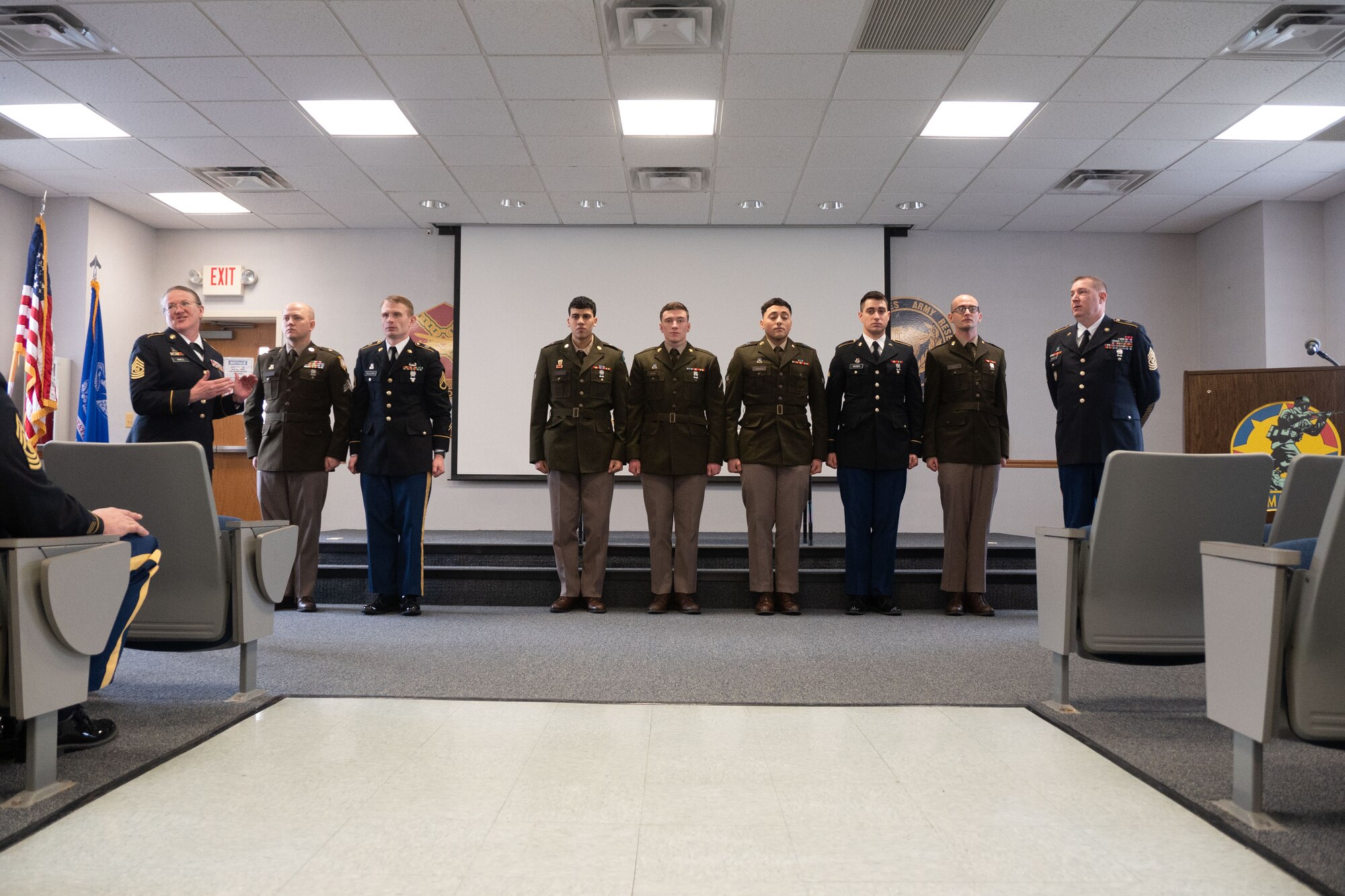 U.S. Army Soldiers stand at attention during the Best Warrior Competition awards ceremony at Joint Base McGuire-Dix-Lakehurst, N.J., Feb. 22, 2024. Participants underwent rigorous evaluations by seasoned leaders who are subject matter experts in their respective fields. The assessments encompassed a wide range of military skills tests, including physical fitness, weapons knowledge, marksmanship, land navigation, general military knowledge and more. (U.S. Air Force photo by 2nd Lt. Alexis Kula)