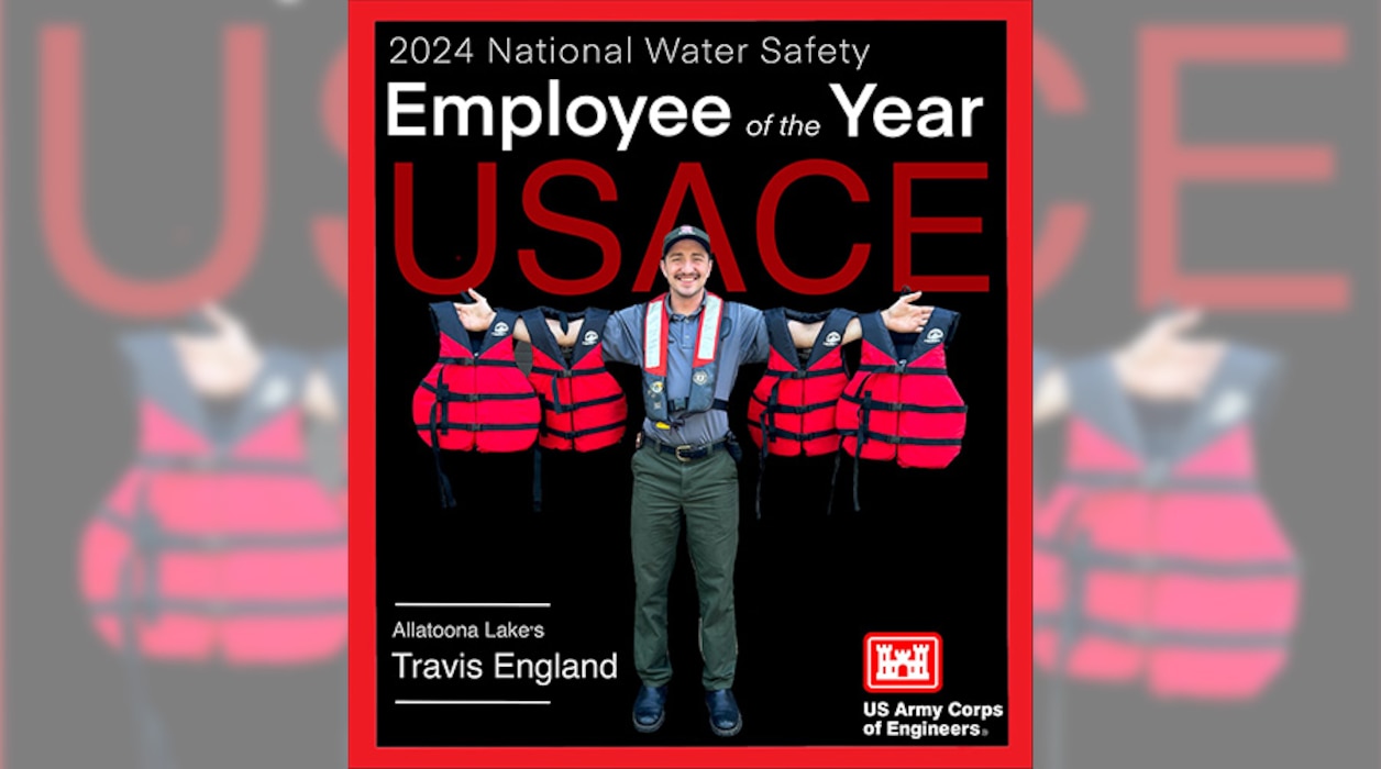 Travis England, Public Affairs Specialist at Lake Lanier, Georgia, and former ranger at Allatoona Lake, Georgia, won the 2024 U.S. Army Corps of Engineers National Water Safety Award in Lake Lanier, Georgia, Feb. 21, 2024. England coordinated the distribution of over 7,000 donated life jackets and educated over 2,500 students about the importance of water safety. (Courtesy graphic)