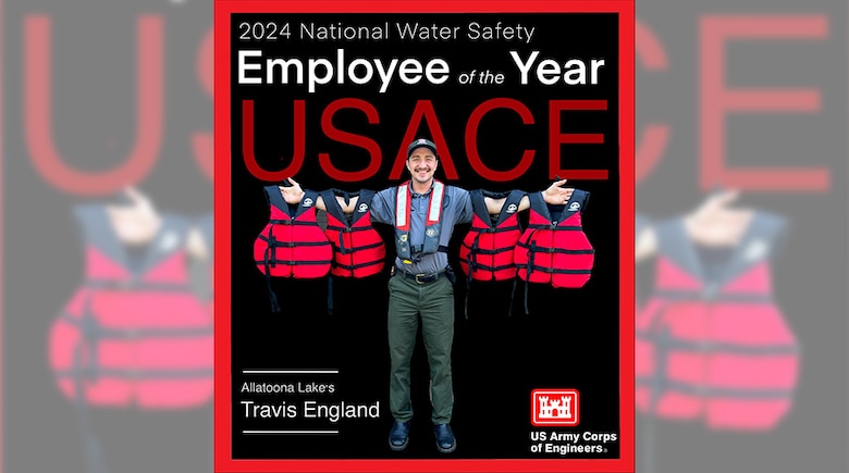 Travis England, Public Affairs Specialist at Lake Lanier, Georgia, and former ranger at Allatoona Lake, Georgia, won the 2024 U.S. Army Corps of Engineers National Water Safety Award in Lake Lanier, Georgia, Feb. 21, 2024. England coordinated the distribution of over 7,000 donated life jackets and educated over 2,500 students about the importance of water safety. (Courtesy graphic)