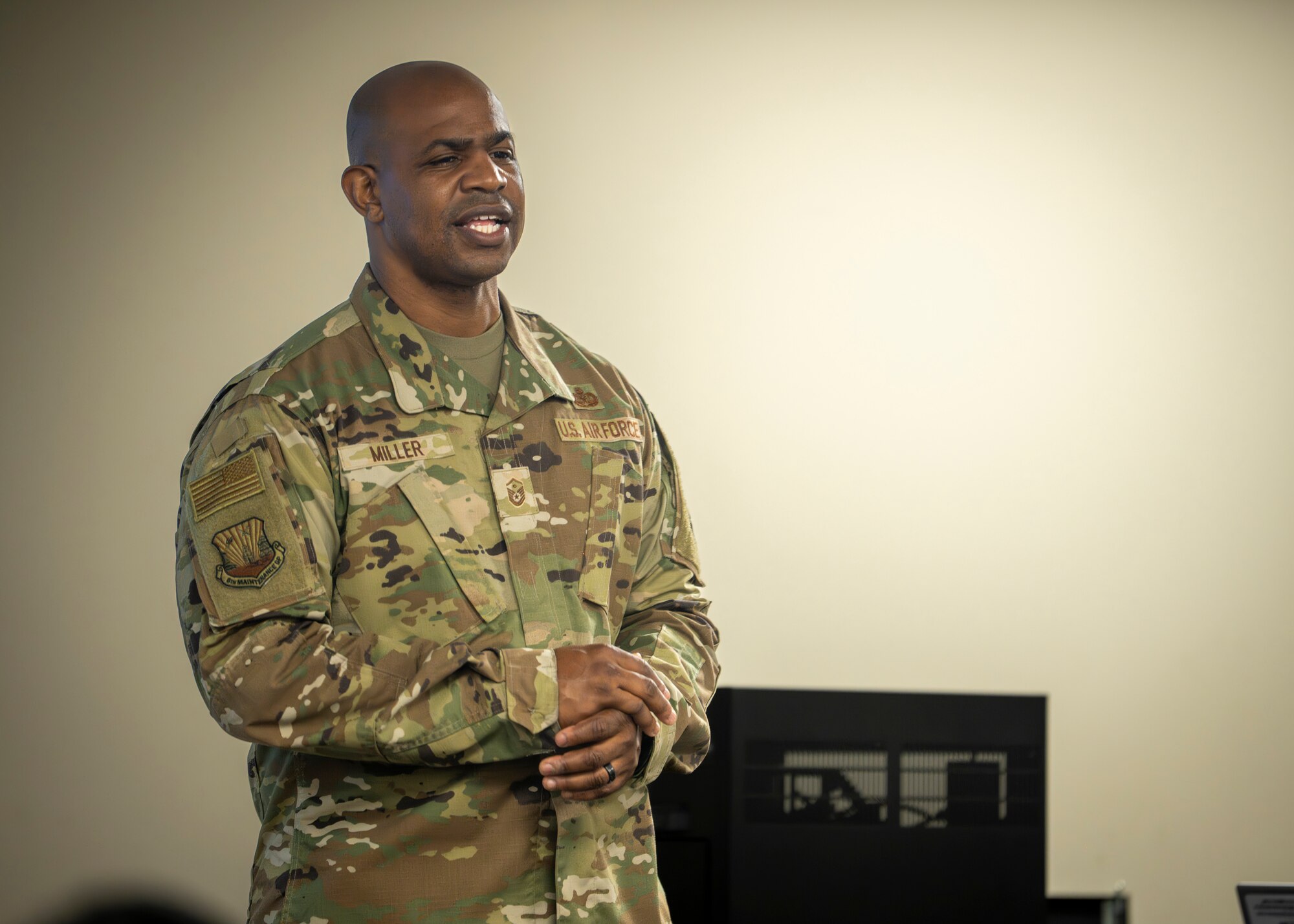 U.S. Air Force Master Sgt. Craig Miller, 6th Maintenance Group first sergeant, leads a discussion about fatherhood during a Dad's 101 workshop at MacDill Air Force Base, Florida, Feb. 28, 2024. The fatherhood workshop was held to educate new or expectant dads on care for infants, supporting partners, preparation for labor and delivery, and coping with lifestyle changes. (U.S. Air Force photo by Senior Airman Lauren Cobin)