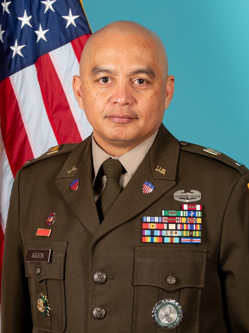 CW4 Bernard L. Aguon poses for an official command photograph, March 1, 2024.  CW4 Aguon will assume the duties of the Command Chief Warrant Officer for the D.C. Army National Guard, April 14, 2024.