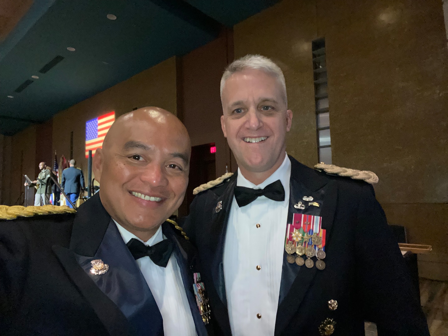 CW4 Bernard L. Aguon and Lt. Gen. Douglas F. Stitt, Deputy Chief of Staff, G-1 U.S. Army, attend the Adjutant General Regimental Corps Ball at the Columbia Metropolitan Convention Center, Columbia, S.C., June 15, 2023.  CW4 Aguon was inducted into the AG Corps Hall of Fame as a Distinguished Member of the Corps for his HR accomplishments with the Integrated Personnel and Pay System - Army (IPPSA).