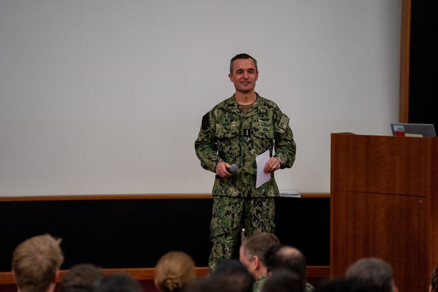 Vice Adm. Doug Perry, commander, U.S. 2nd Fleet, speaks at the Theater Undersea Warfare symposium held at the Choplinsky Auditorium at Naval Support Activity Hampton Roads, Feb. 29, 2024.
