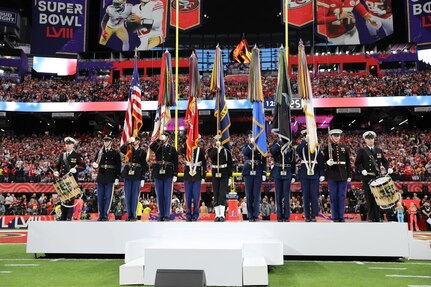 The Joint Armed Forces Color Guard and drummers from The U.S. Navy Band presented the colors before Super Bowl LVIII where the San Francisco 49ers took on the Kansas City Chiefs on February 11, 2024, at Allegiant Stadium in Las Vegas. The JAFCG joined Reba McEntire in the end zone where she performed The National Anthem.