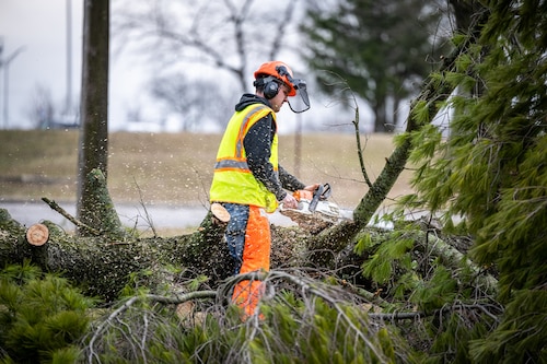 An early-morning EF1 tornado touched down Feb. 28 on Wright-Patterson Air Force Base, knocking down power lines and trees while causing damage to several Area B buildings, including the Air Force Research Laboratory and a National Museum of the U.S. Air Force restoration hangar. No one was hurt. Base first responders and work crews were quickly dispatched for damage assessment, recovery actions and cleanup.(U.S. Air Force photo by Daniel Peterson)