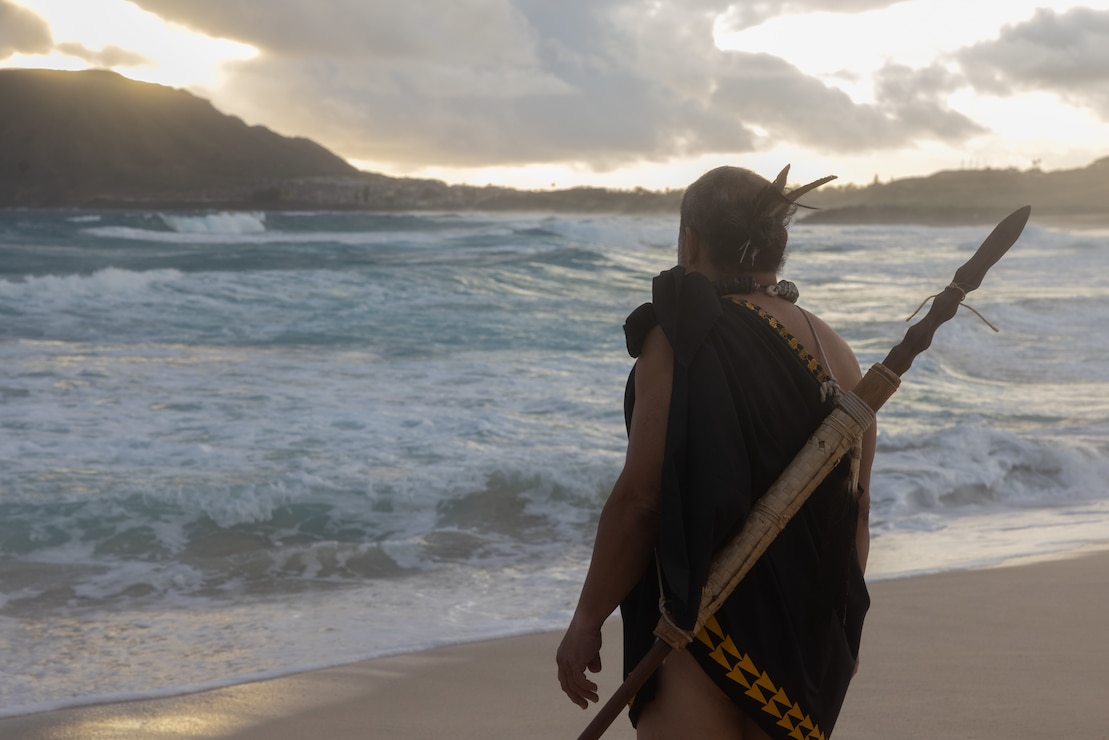 Wali Camvel, a cultural practitioner, participates in a Makahiki closing ceremony, Marine Corps Base Hawaii, Feb. 24, 2024. “Makahiki” is the Hawaiian new year and season of peace, which traditionally takes place at Mokapu Peninsula.  (U.S. Marine Corps photo by Lance Cpl. Carlos Daniel Chavez-Flores)