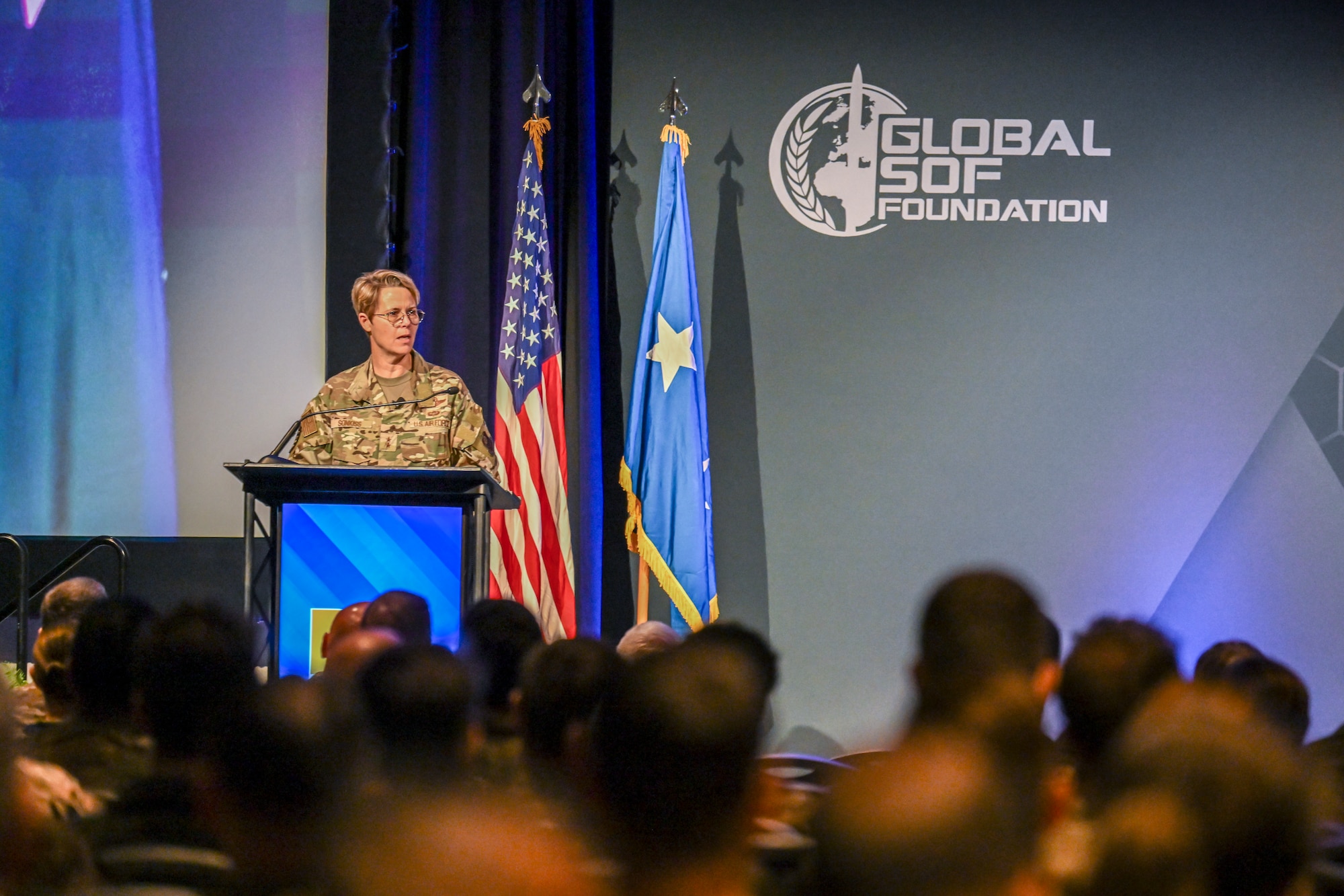 Maj. Gen. Rebecca Sonkiss, Air Force Special Operations Command deputy commander, addresses the professional development day audience at the Special Air Warfare Symposium in Fort Walton Beach, Fla., Feb. 27, 2024. AFSOC co-sponsored SAWS with the Global SOF Foundation to further partnerships and relationships in a collaborative setting. (U.S. Air Force photo by Staff Sgt. Caleb Pavao)