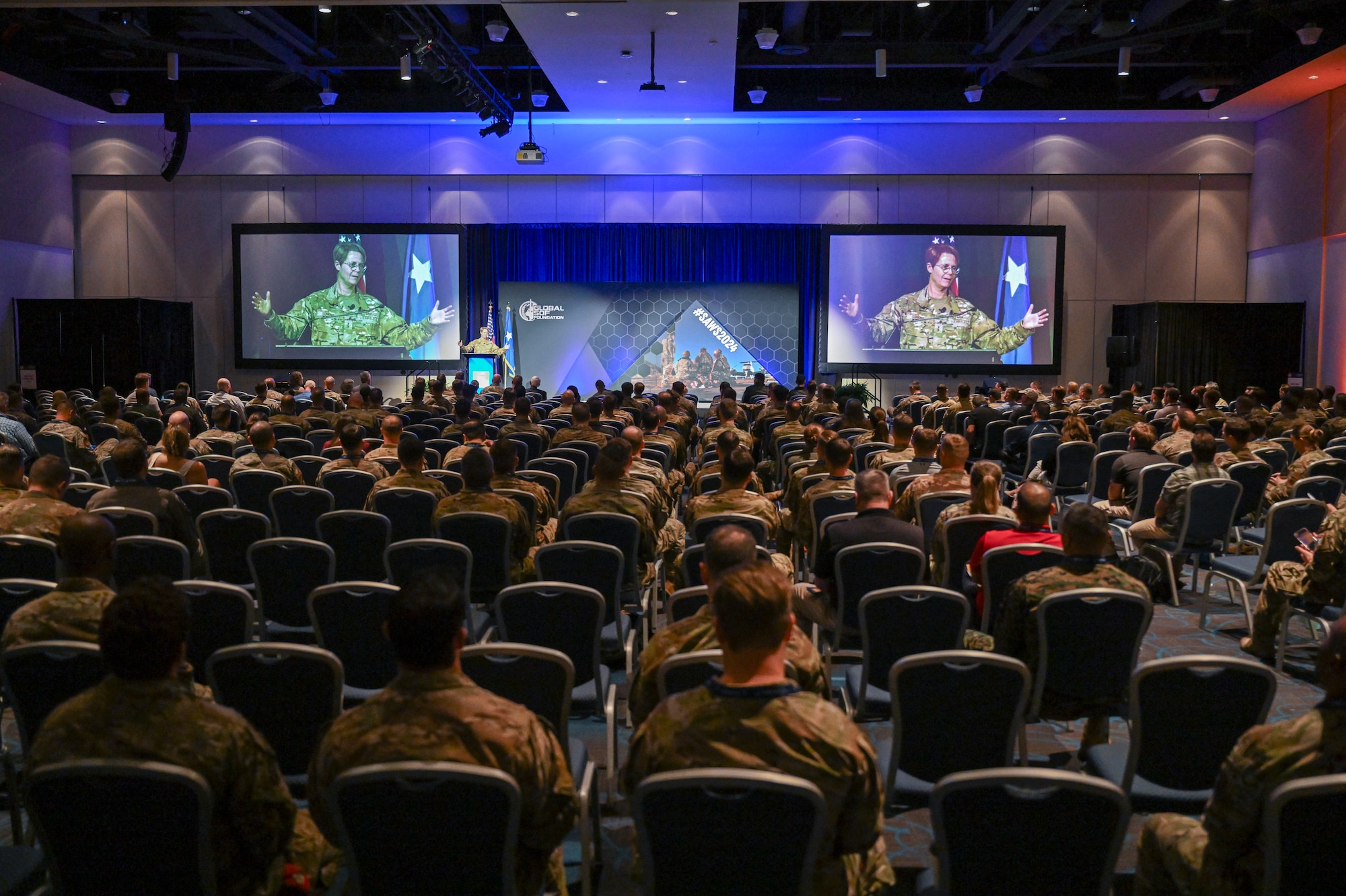 Air Force Special Operations Command deputy commander, Maj. Gen. Rebecca Sonkiss, kicks off the professional development day at the Special Air Warfare Symposium in Fort Walton Beach, Fla., Feb. 27, 2024. AFSOC co-sponsored SAWS with the Global SOF Foundation to further partnerships and relationships in a collaborative setting. (U.S. Air Force photo by Staff Sgt. Caleb Pavao)