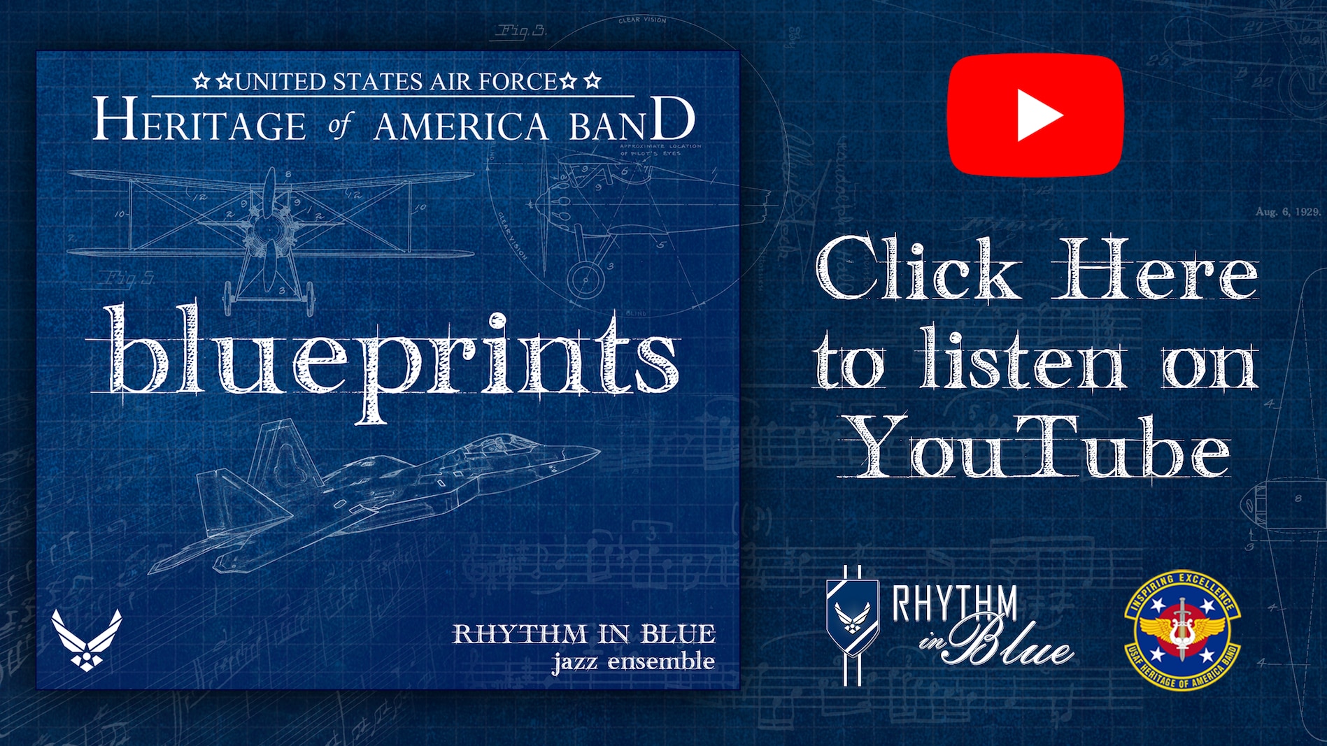 A picture of the new album Blueprints by Rhythm in Blue with a link to listen to the playlist on YouTube