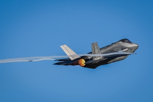 A 60th Fighter Squadron F-35A Lightning II departs for a training mission at Savannah Air National Guard Base, Georgia, Feb. 14, 2023.