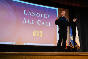 Langley Air Force Base Airmen gather for Air Force Chief of Staff Gen. Davin Allvin all call .