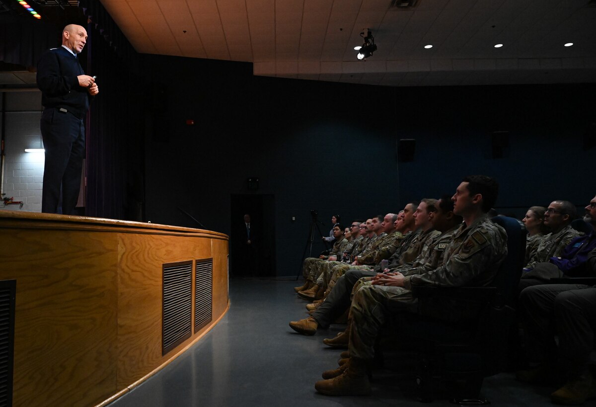 Air Force Chief of Staff Gen. David Allvin speaks with Airmen during an all call at Joint Base Langley-Eustis.