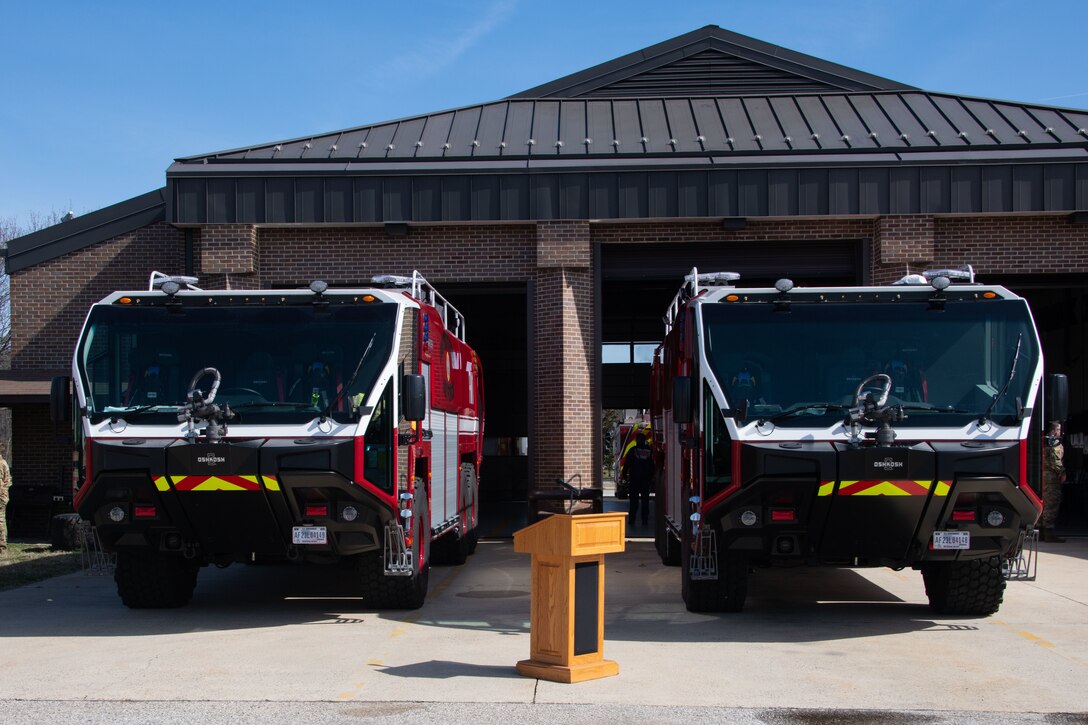 Two new fire trucks sit on display at Fire Station 2 at Joint Base Andrews, Md., March 1, 2024.
