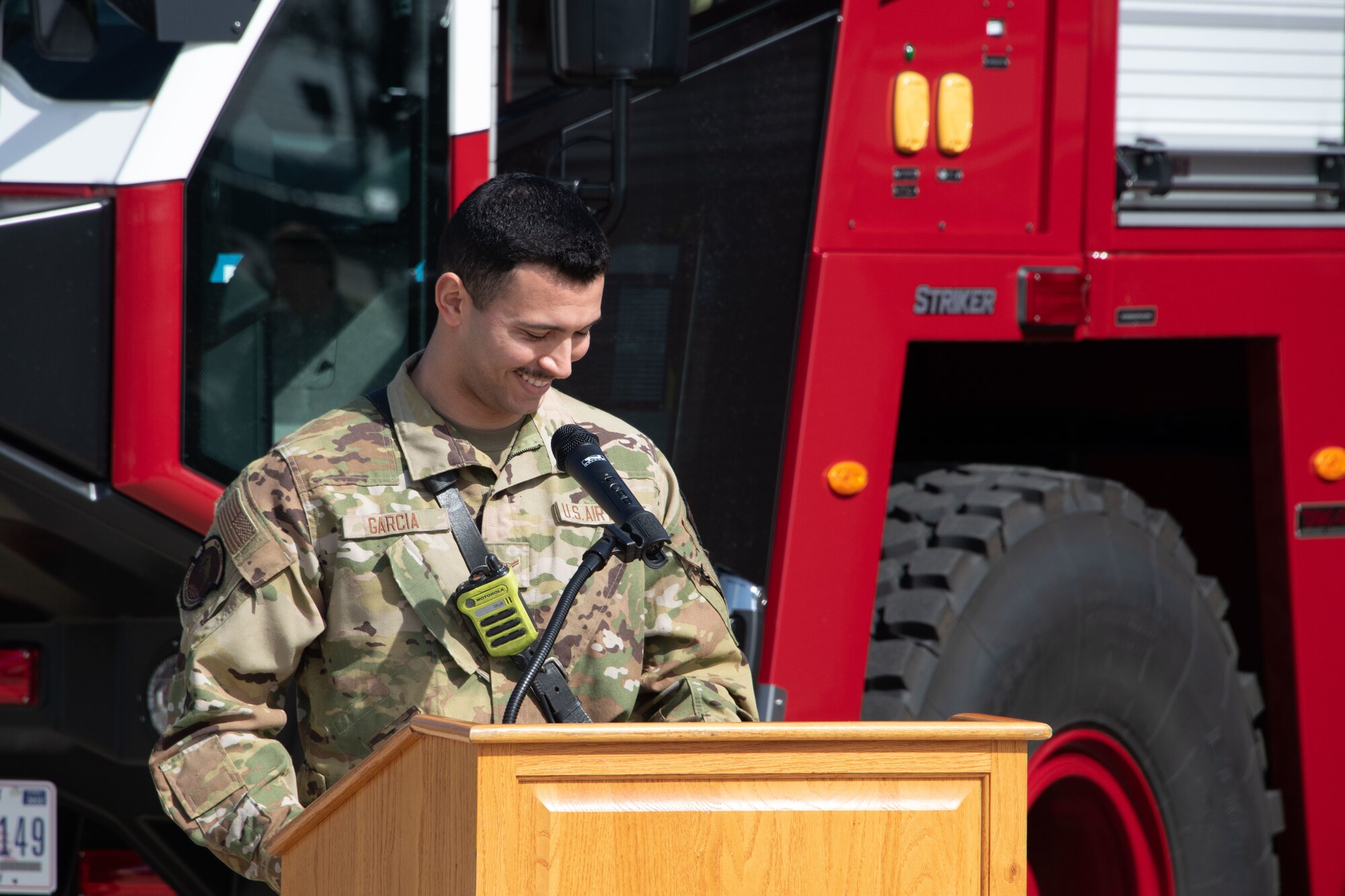 U.S. Air Force Airman 1st Class Seth Garcia, 316th Civil Engineer Squadron firefighter, speaks during a traditional “Push-In” ceremony for the fire department at Joint Base Andrews, Md., March 1, 2024.