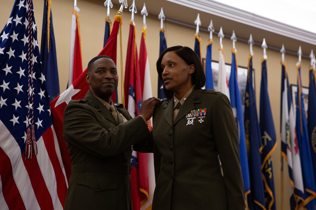 U.S. Marine Corps Col. NaTasha M. Everly, a Department of State fellow, is promoted to the rank of colonel during a ceremony in Quantico, VA, March 1, 2024. Marine Corps officers are board-selected for promotion based on time in service, time in grade and performance. (U.S. Marine Corps photo by LCpl Anthony Ramsey)