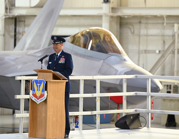 Gen. Ken Wilsbach, the new commander of Air Combat Command, gives incoming remarks