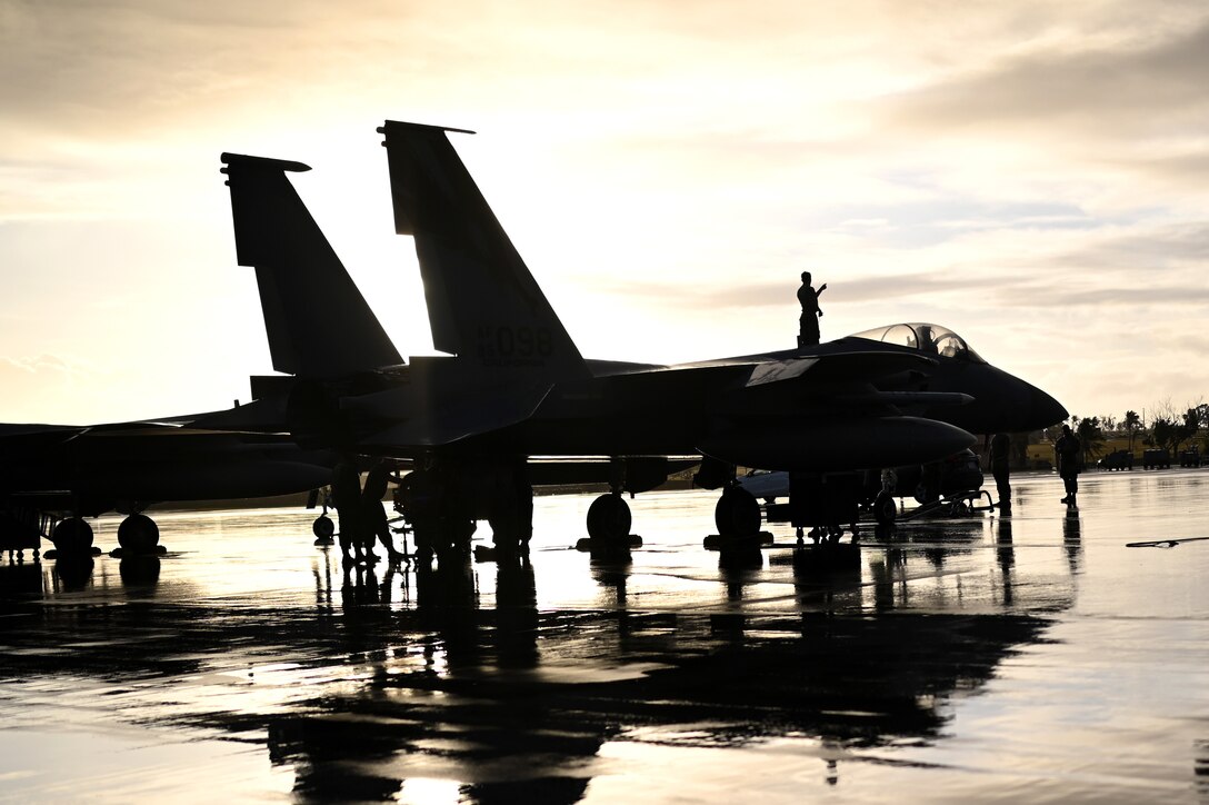 A U.S. Air Force F-15C assigned to the 18th Wing, Japan, rests on the flightline