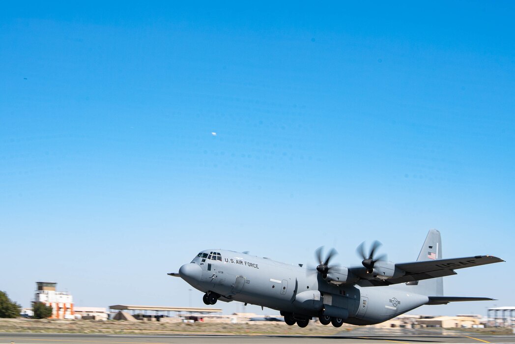 A C-130J Super Hercules loaded with humanitarian aid bound for airdrop over Gaza takes off from an undisclosed location in Southwest Asia, March 2.