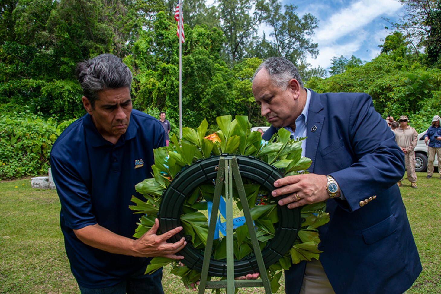 PELELIU, Republic of Palau (March 1, 2024) – Republic of Palau President Surangel Whipps, Jr. and Secretary of the Navy Carlos Del Toro lay a wreath at the 81st Infantry Division Memorial in Peleliu, in the Republic of Palau, March 1. The memorial honors members of the 81st Infantry Division who assisted the 1st Marine Division during the Battle of Peleliu in World War II. Secretary Del Toro’s visit to Palau is part of a
series of strategic engagements in the Indo-Pacific to promote the protection of the maritime commons in line with his Maritime Statecraft efforts. (U.S. Navy photo by Shaina O’Neal/Released)