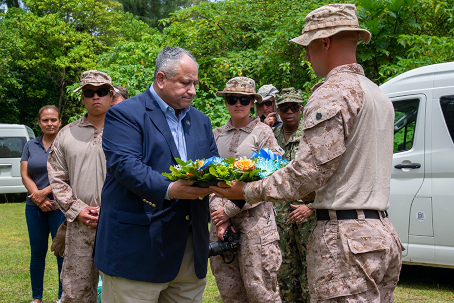 PELELIU, Republic of Palau (March 1, 2024) – Secretary of the Navy Carlos Del Toro participates in a wreath laying at the 81st Infantry Division Memorial in Peleliu, in the Republic of
Palau, March 1. The memorial honors members of the 81st
Infantry Division who assisted the 1st Marine Division during the Battle of Peleliu in World War II. Secretary Del Toro’s visit to Palau is part of a series of strategic engagements in the Indo-Pacific to promote the protection of the maritime commons in line with his Maritime Statecraft efforts. (U.S. Navy photo by Shaina O’Neal/Released)