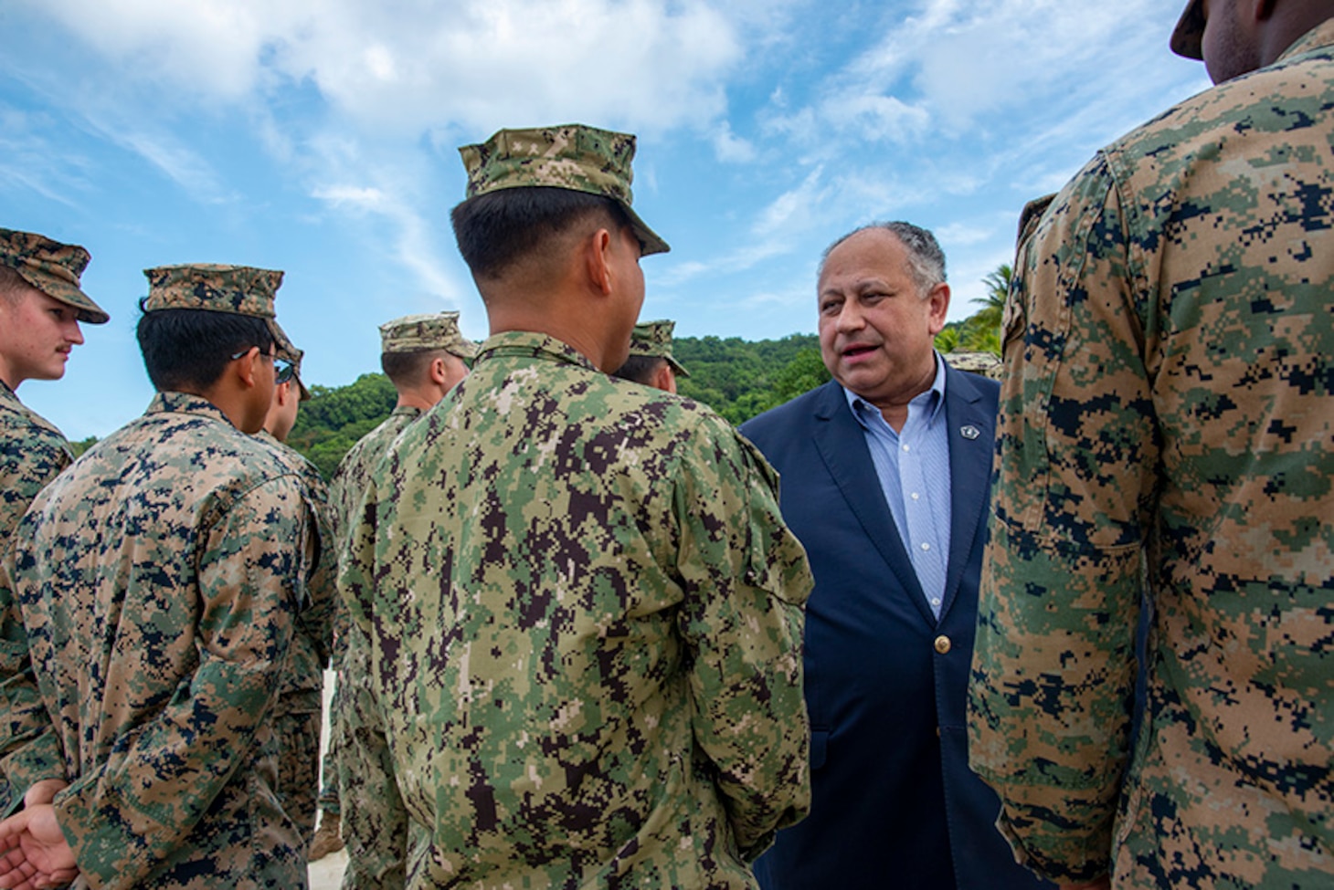KOROR, Republic of Palau (March 1, 2024) – Secretary of the Navy Carlos Del Toro meets with Seabees in the Republic of Palau, March 1. Secretary Del Toro’s visit to Palau is part of a series of strategic engagements in the Indo-Pacific to promote the protection of the maritime commons in line with his Maritime Statecraft efforts. (U.S. Navy photo by Shaina O’Neal/Released)