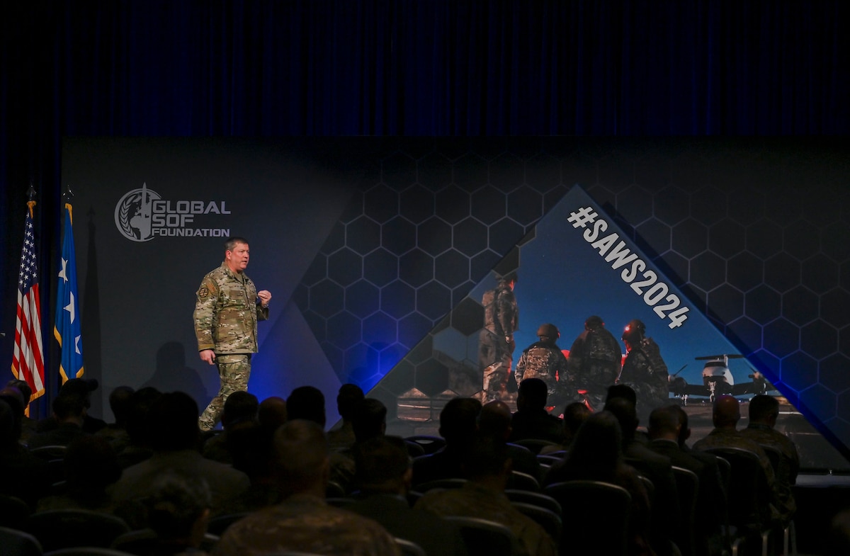 Lt. Gen. Tony Bauernfeind, Commander of Air Force Special Operations Command, delivered a keynote speech concluding the Special Air Warfare Symposium on Feb. 29, 2024 at the Fort Walton Beach Convention Center.