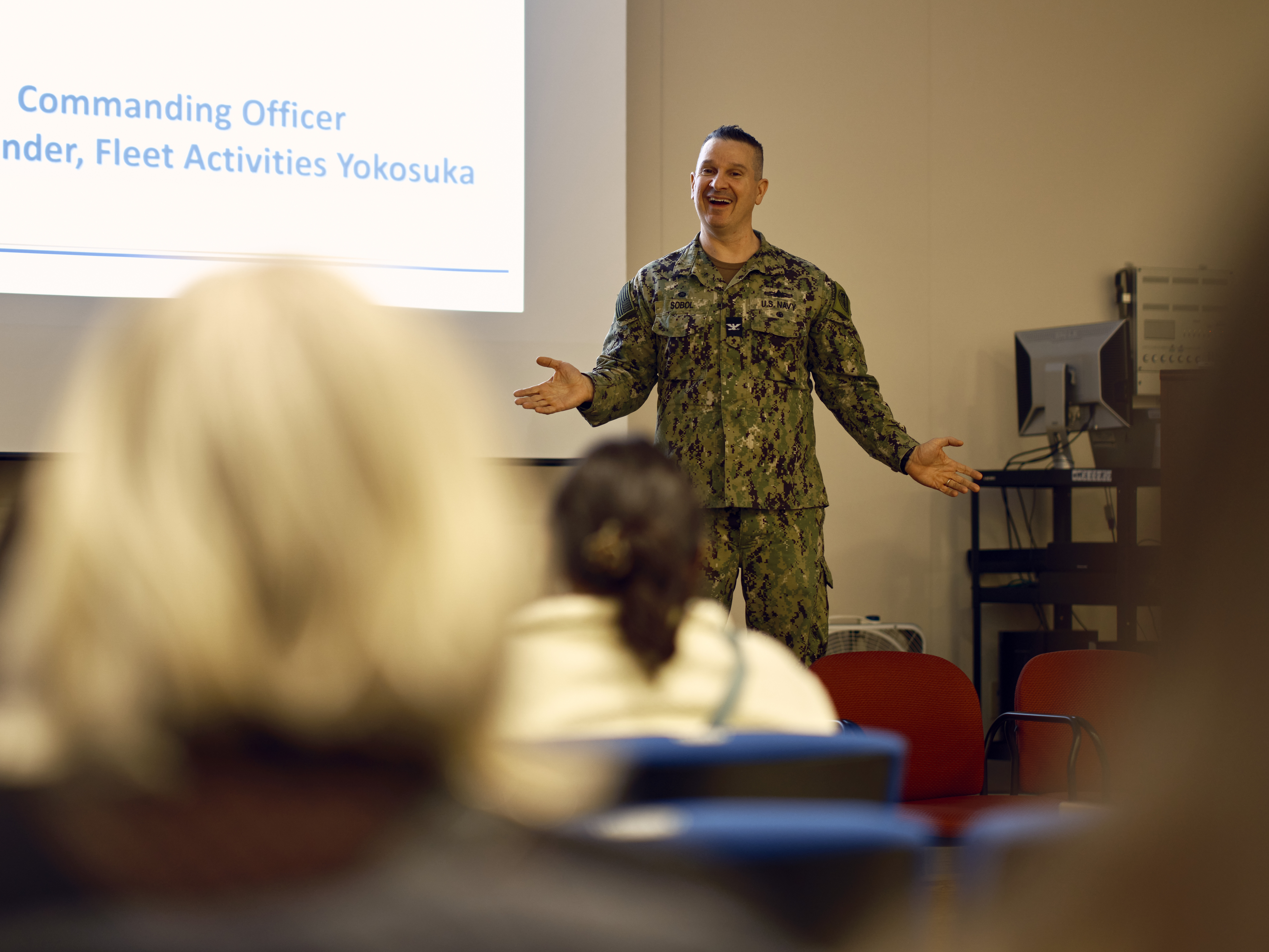 Capt. Les Sobol, Commander, Fleet Activities Yokosuka (CFAY), provides the opening remarks at the installation's Commander, Pacific Fleet Culture of Excellence Workshop 2024