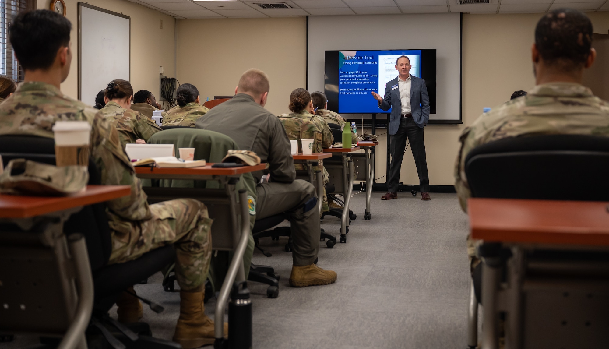 Dr. Patrick Donley, Air and Space Forces Association’s Doolittle Leadership Center director, lectures a class at Osan Air Base, Republic of Korea, Feb. 27, 2024. Donley taught the Lead, Develop, Care workshop to members of the 51st Fighter Wing. LDC provides leaders with a framework for decision-making to better improve their leadership skills. (U.S. Air Force photo by Senior Airman Brittany Russell)