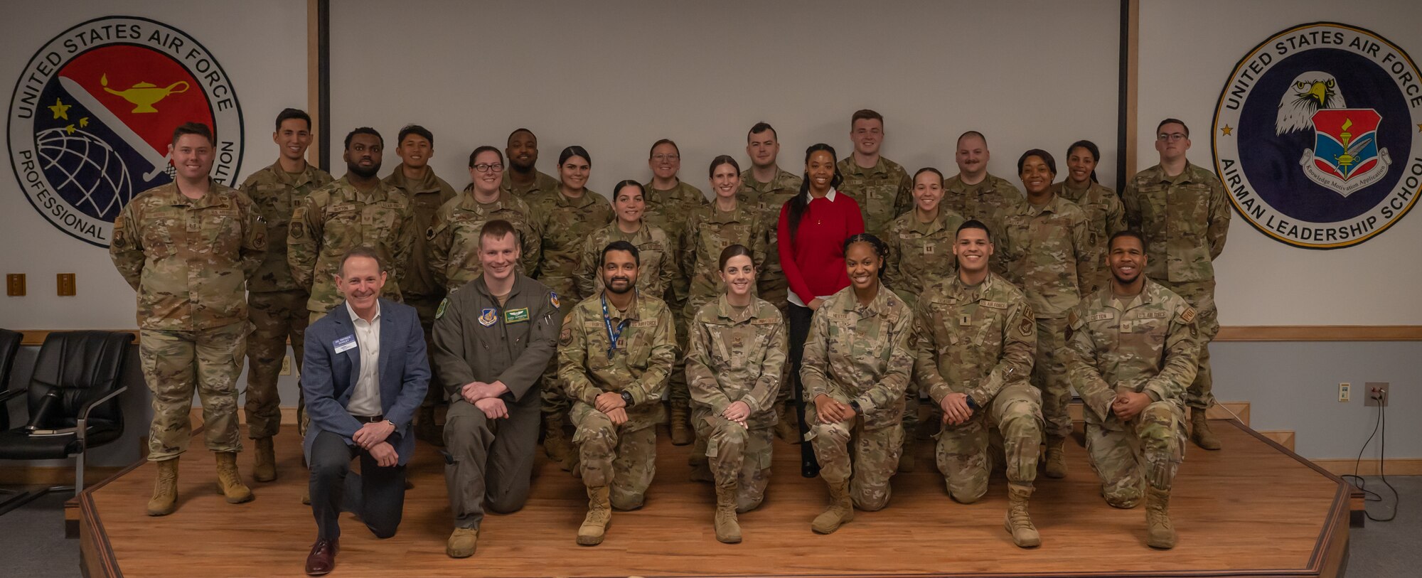 Lead, Develop, Care attendees come together for a group photo after completing the LDC workshop at Osan Air Base, Republic of Korea, Feb. 27, 2024. LDC is an Air and Space Forces Association’s Doolittle Leadership Center workshop designed to provide leaders with a practical framework for decision making. The 51st Fighter Wing is dedicated to providing resources that develop innovative leaders. (U.S. Air Force photo by Senior Airman Brittany Russell)