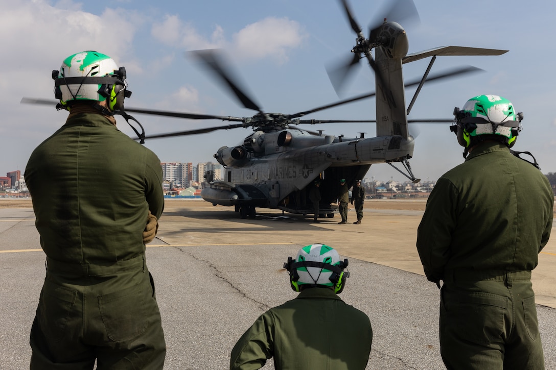 U.S. Marines with Marine Heavy Helicopter Squadron (HMH) 466, Marine Aircraft Group 36, 1st Marine Aircraft Wing, conduct a preflight check on a CH-35E Super Stallion during Korean Marine Exchange Program 24.1, at USAG Humphreys, Republic of Korea, Feb. 26, 2024. KMEP is a bilateral training exercise that increases interoperability and strengthens the combined capabilities of Republic of Korea and U.S. Marines. (U.S. Marine Corps photo by Cpl. Kyle Chan)