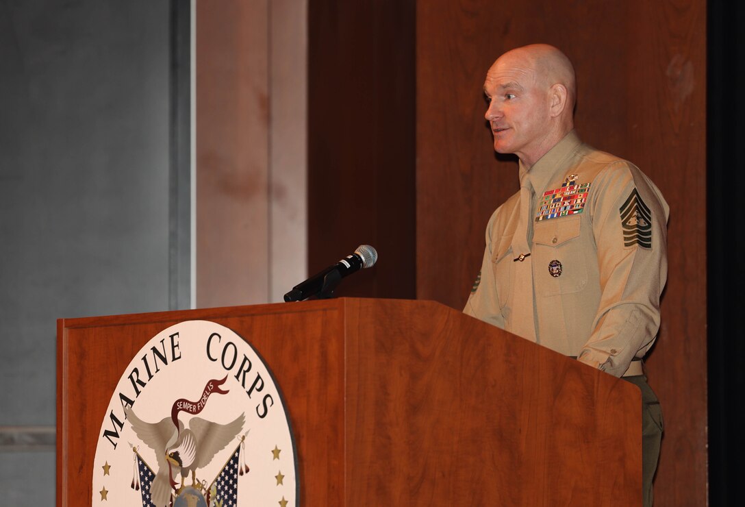 U.S. Marine Corps Sgt. Maj. Troy E. Black, senior enlisted advisor to the Chairman of the Joint Chiefs of Staff, a Kentucky native, addresses attendees of the Marine Corps University Career and Advanced School graduation on Marine Corps Base Quantico, Virginia, Feb. 28, 2024. Graduates of the Marine Corps University Resident Career School and Resident Advanced School were the first Marines addressed directly by Sgt. Maj. Black since assuming the position of SEAC. (U.S. Marine Corps photo by Lance Cpl. David Brandes)