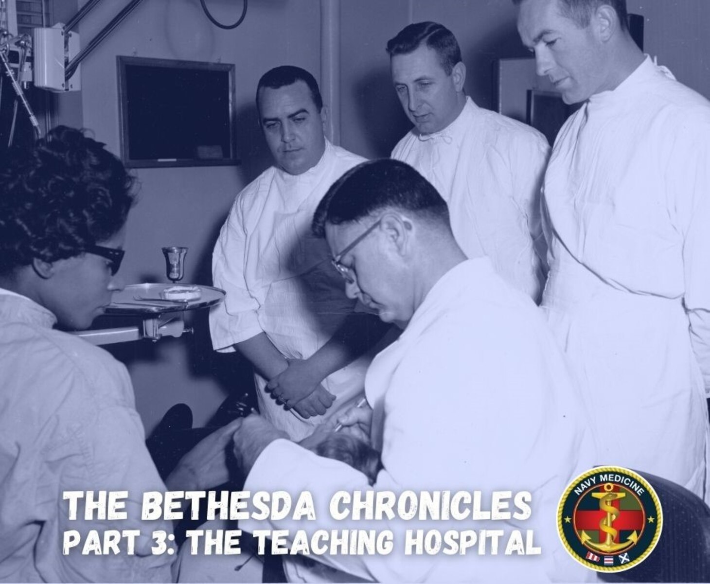 CAPT Ted Hunley and Dental Technician Deborah Phinny demonstrate the use of the advanced speed air turbine handpiece in cavity preparation to post graduate students at the Naval Dental School, December 20, 1963.  BUMED Archives.