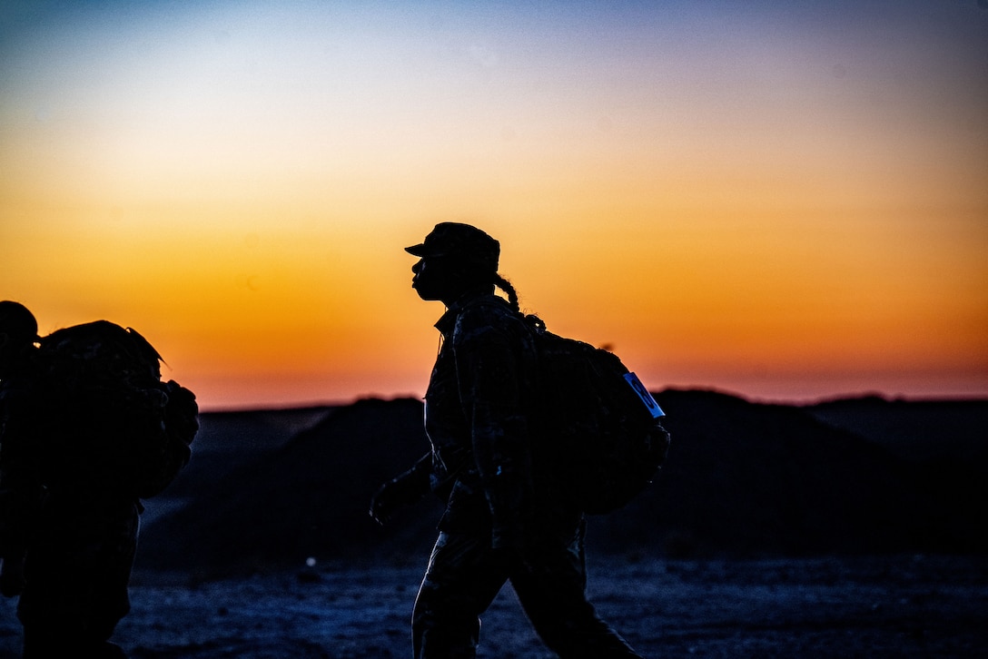 Two soldiers wearing rucksacks are photographed in silhouette with a low sun.